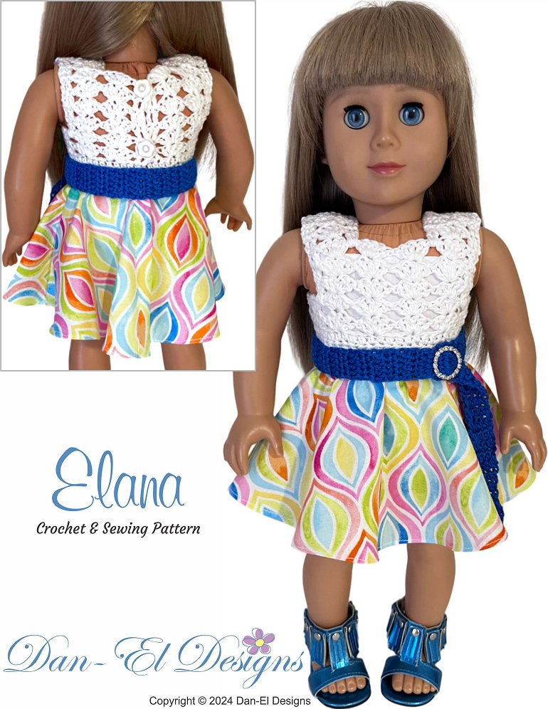 Dan-El Designs Crochet Elana 18 inch Doll Clothes Crochet and Sewing Pattern Pixie Faire