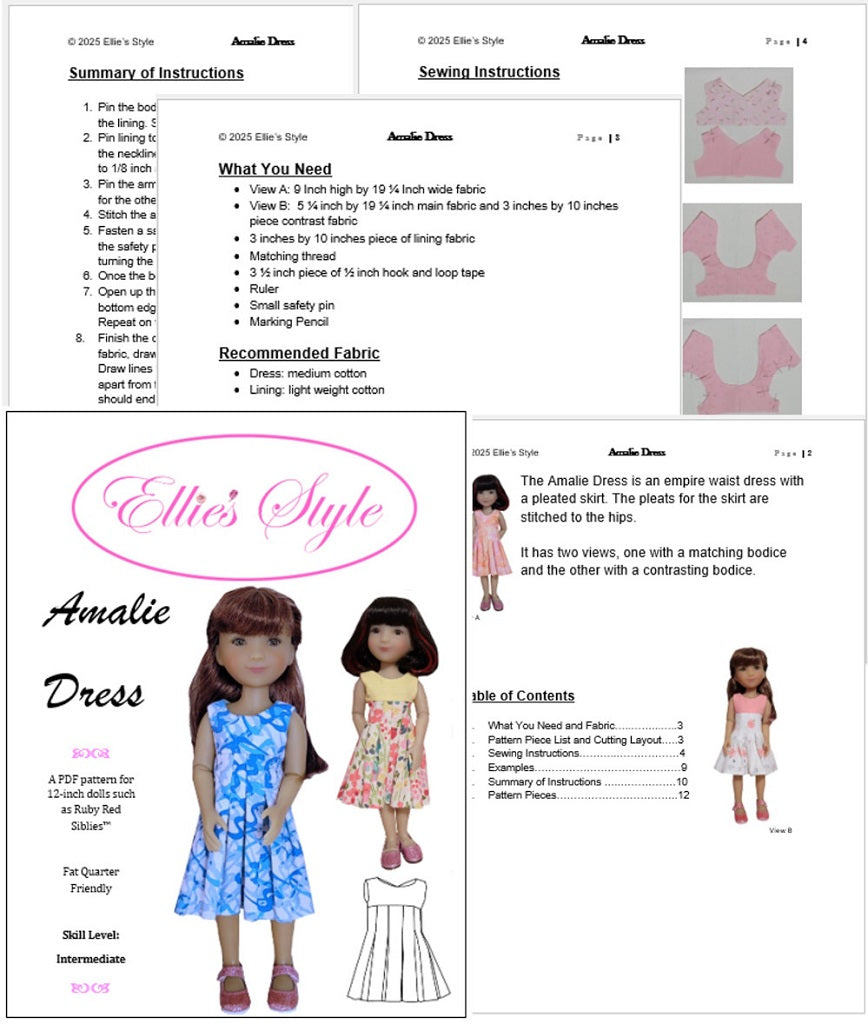 Ellie's Style Siblies Amalie Dress 12" Doll Clothes Pattern fits Siblies dolls Pixie Faire