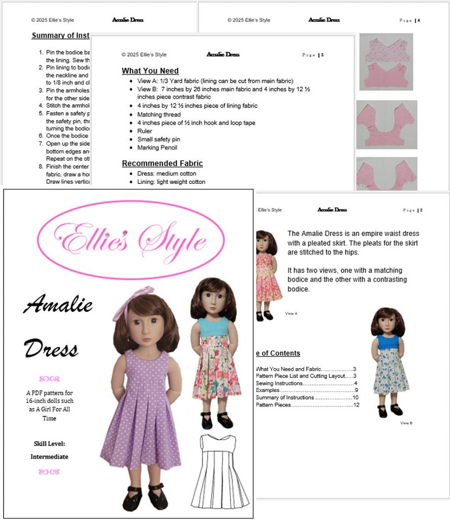 Ellie's Style A Girl For All Time Amalie Dress 16" Doll Clothes Pattern fits A Girl For All Time dolls Pixie Faire