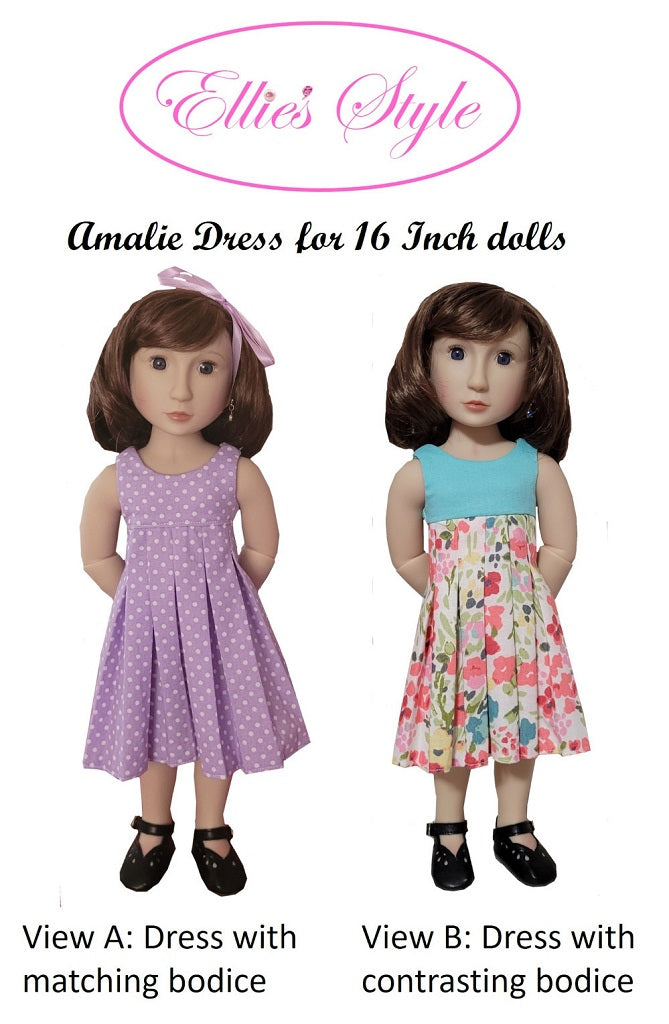 Ellie's Style A Girl For All Time Amalie Dress 16" Doll Clothes Pattern fits A Girl For All Time dolls Pixie Faire