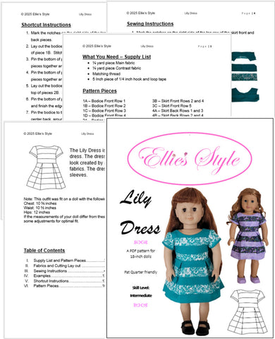 Ellie's Style 18 Inch Modern Lily Dress 18" Doll Clothes Pattern Pixie Faire
