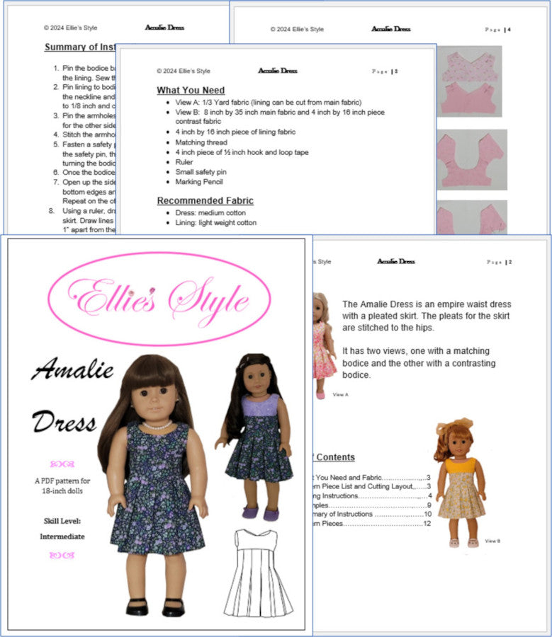 Ellie's Style 18 Inch Modern Amalie Dress 18" Doll Clothes Pattern Pixie Faire