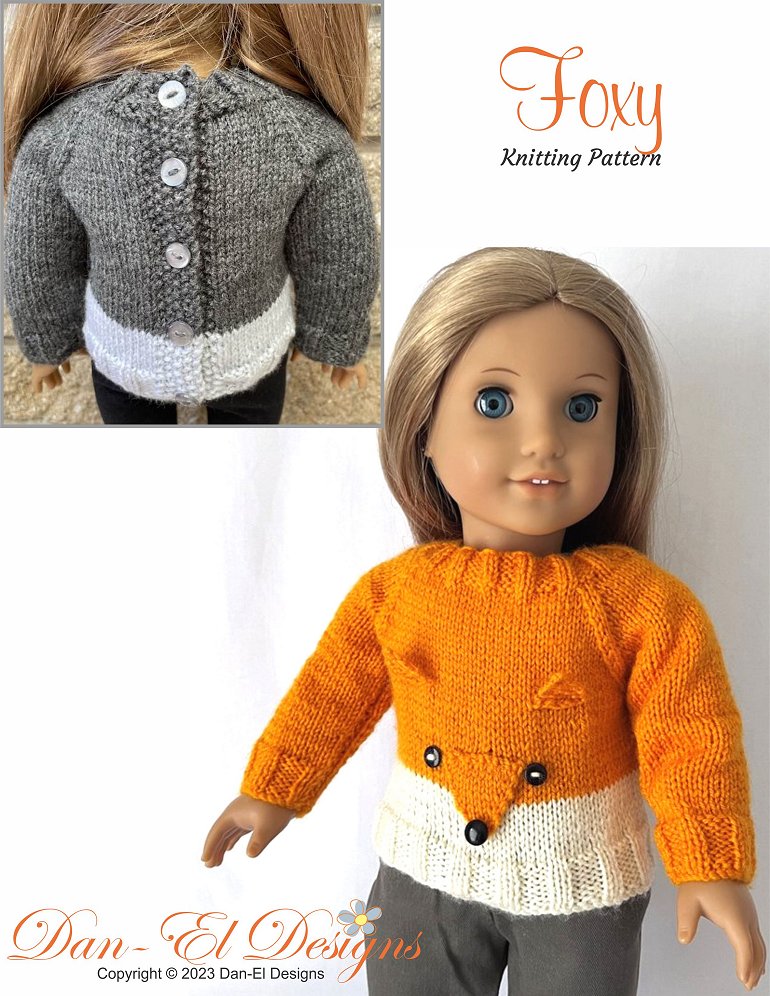 Dan-El Designs Knitting Foxy Sweater 18" Doll Clothes Knitting Pattern Pixie Faire