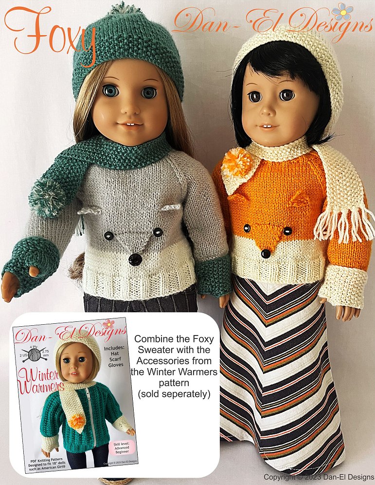 Dan-El Designs Foxy Sweater Doll Clothes Knitting Pattern 18 inch American Girl Dolls dan-el-designs-foxy-sweater-doll-clothes-knitting-pattern-18-inch-american-girl-dolls