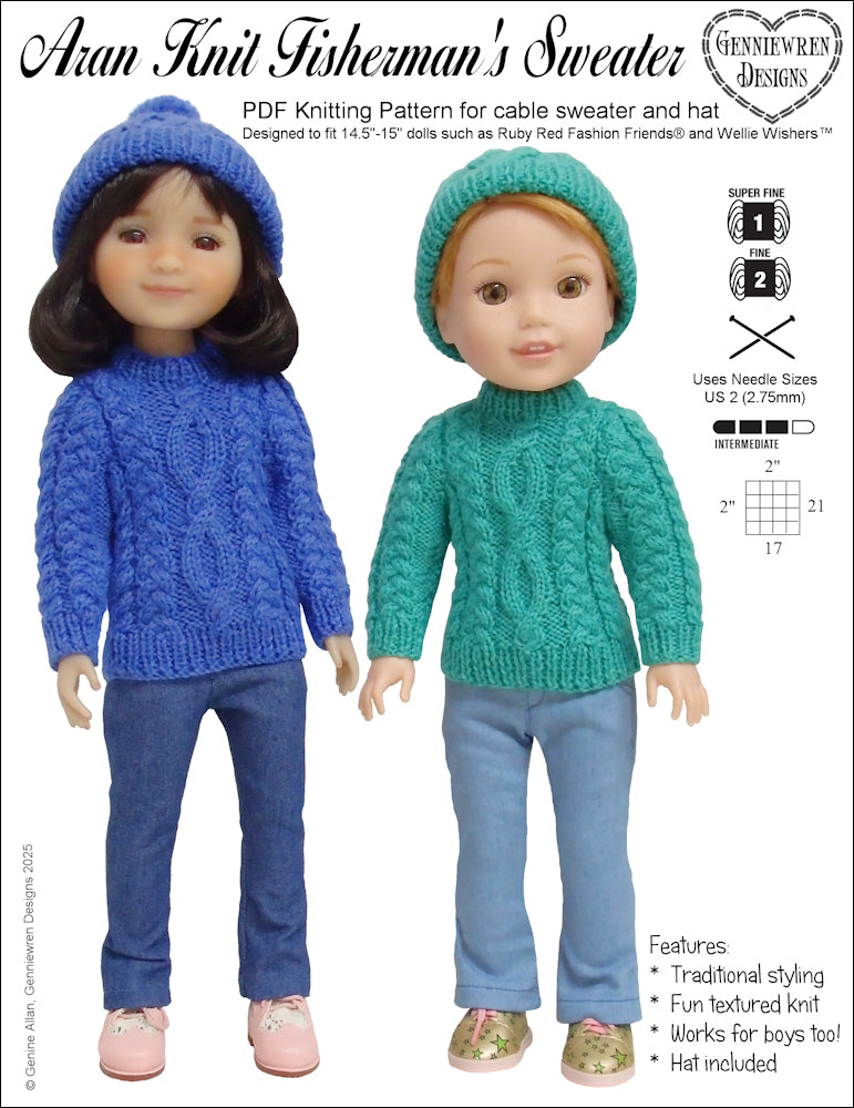 Genniewren Knitting Aran Knit Fisherman's Sweater and Hat Knitting Pattern for 14.5-15" Dolls Pixie Faire