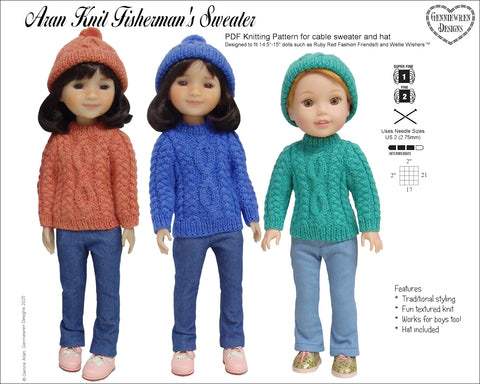 Genniewren Knitting Aran Knit Fisherman's Sweater and Hat Knitting Pattern for 14.5-15" Dolls Pixie Faire