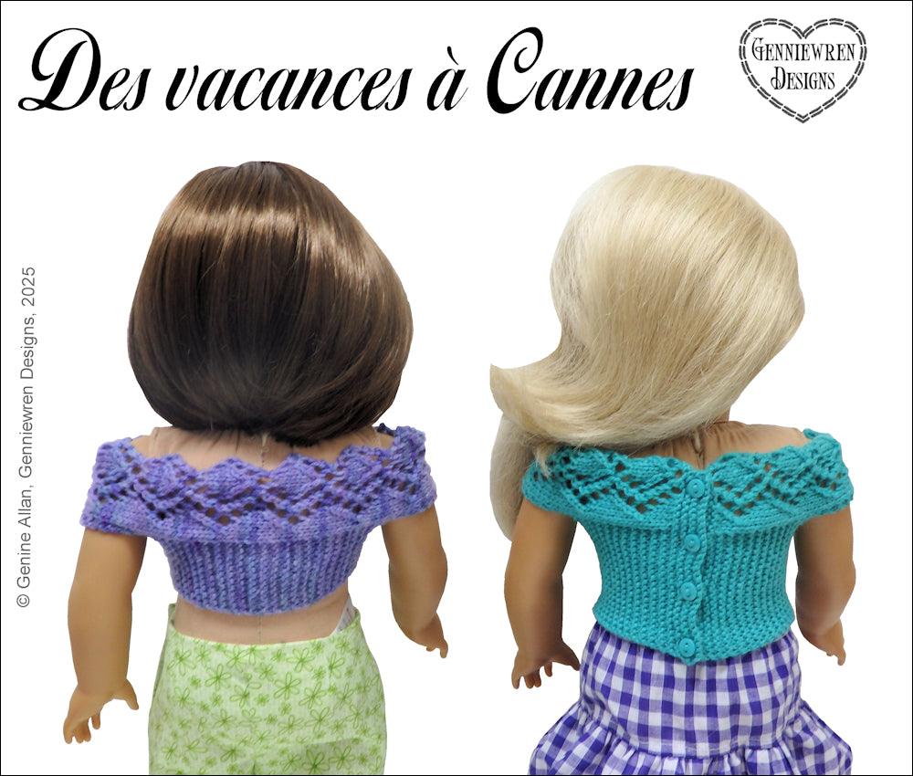 Genniewren Knitting Des Vacances à Cannes Bardot-style Sweater 18" Doll Knitting Pattern Pixie Faire