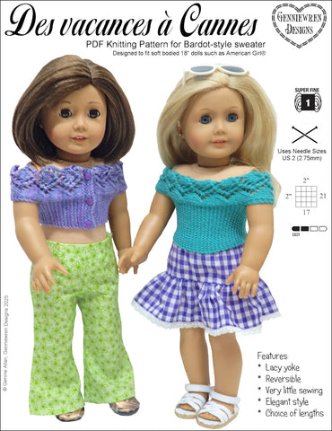 Genniewren Knitting Des Vacances à Cannes Bardot-style Sweater 18" Doll Knitting Pattern Pixie Faire