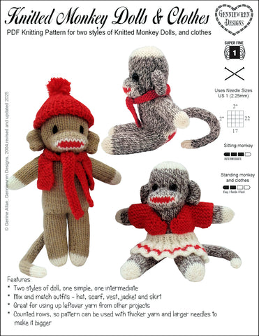 Genniewren Knitting Knitted Monkey Doll and Clothes Knitting Pattern Pixie Faire