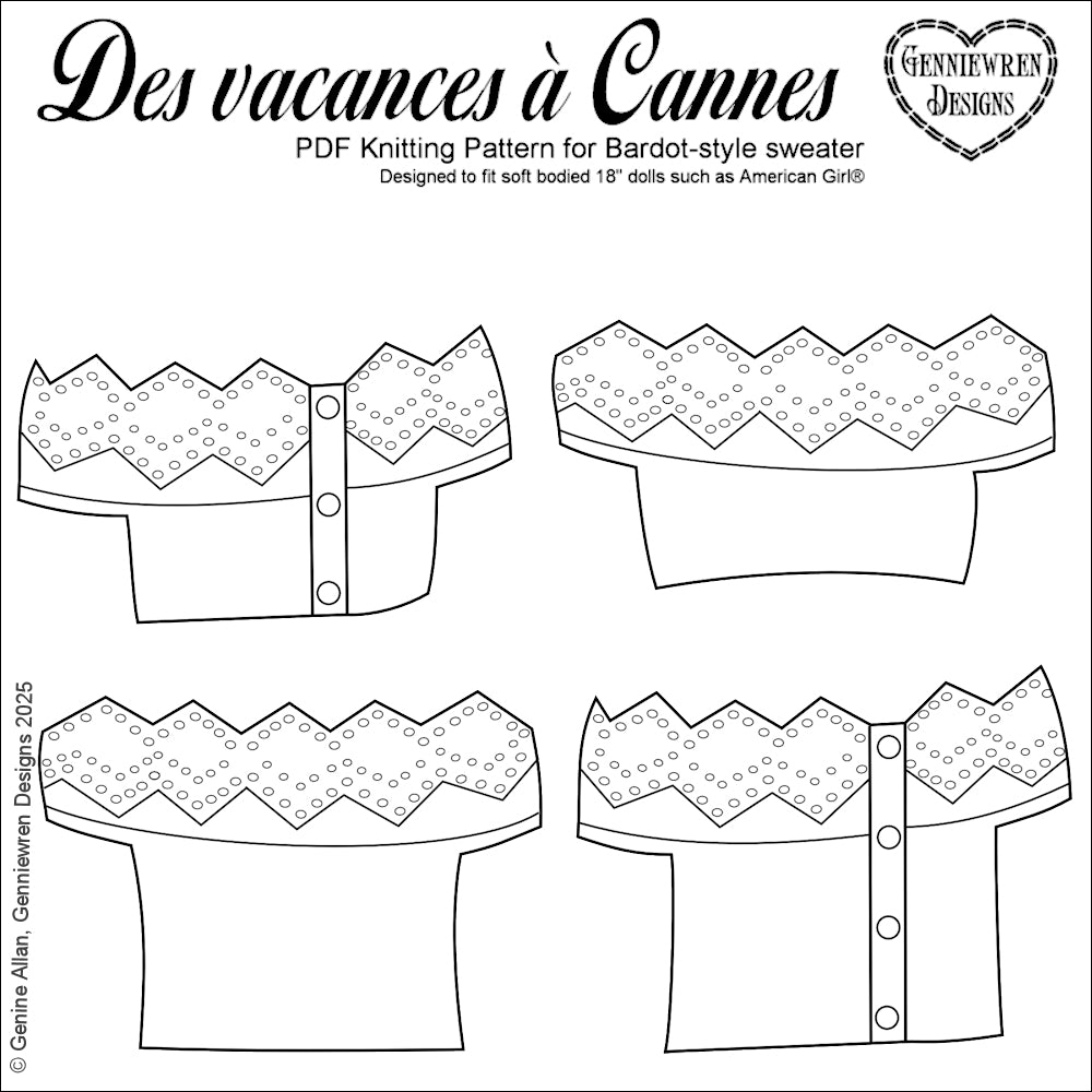 Genniewren Knitting Des Vacances à Cannes Bardot-style Sweater 18" Doll Knitting Pattern Pixie Faire