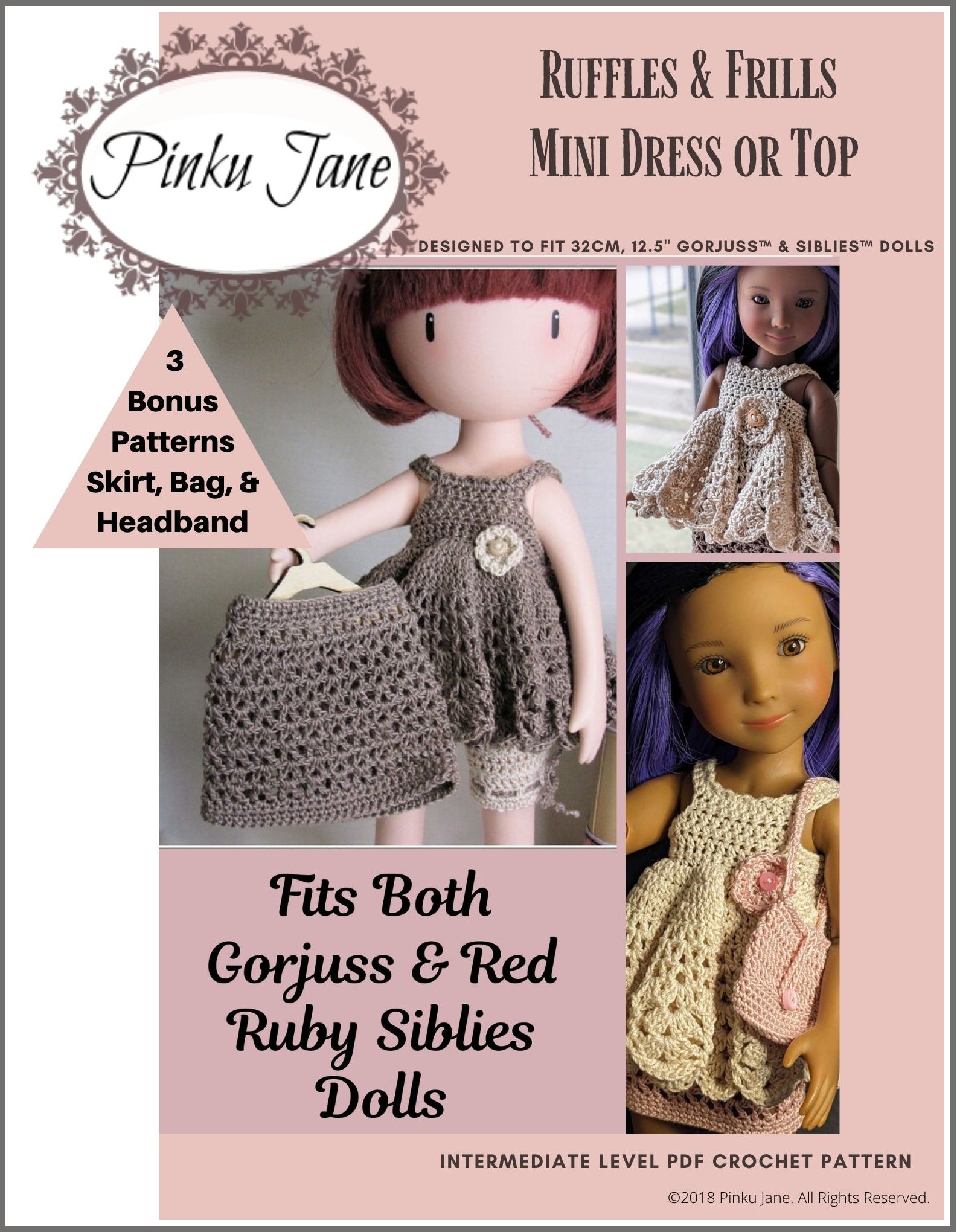 Pinku Jane Ruffles and Frills Mini Dress Doll Clothes Crochet Pattern For 12.5" Gorjuss & 12" Siblies Pinku Jane Ruffles and Frills Mini Dress Doll Clothes Crochet Pattern For 12.5" Gorjuss & 12" Siblies