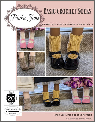 Pinku Jane Crochet Basic Crochet Socks Crochet Pattern For 12-12.5" Gorjuss and Siblies Dolls Pixie Faire