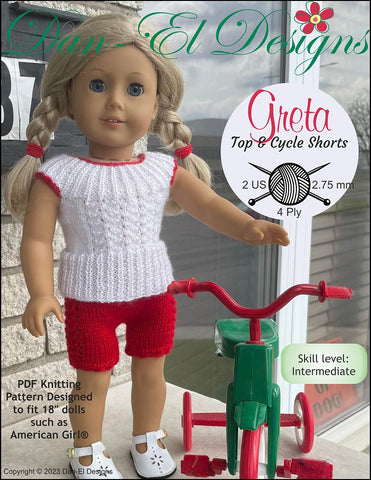 Dan-El Designs Knitting Greta Top and Cycle Shorts Knitted Outfit 18" Doll Knitting Pattern Pixie Faire
