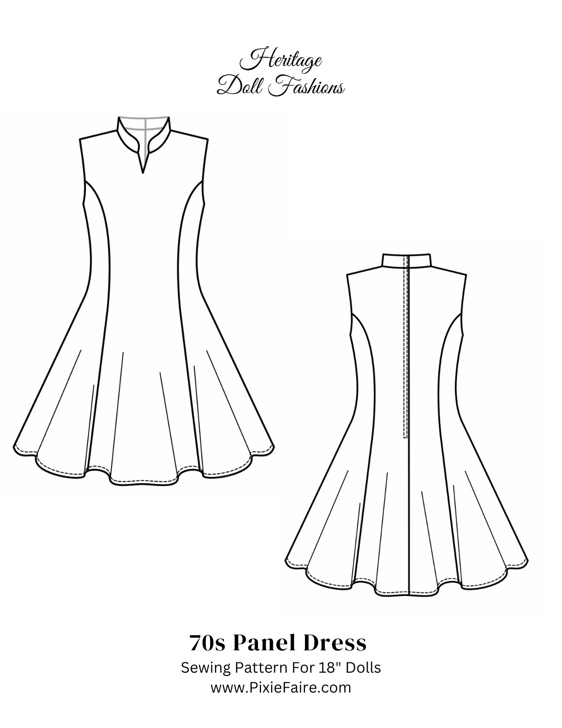 PF House Brand 18 Inch Historical 1970's Panel Dress 18" Doll Clothes Pattern Pixie Faire