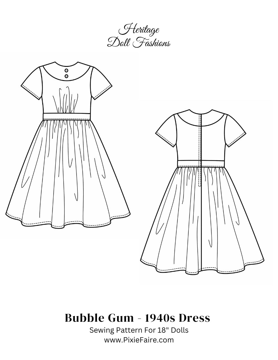 Heritage Doll Fashions 18 Inch Historical 1940's Bubblegum Dress 18" Doll Clothes Pattern Pixie Faire