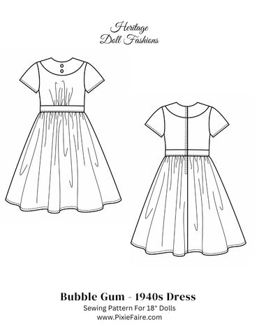 Heritage Doll Fashions 18 Inch Historical 1940's Bubblegum Dress 18" Doll Clothes Pattern Pixie Faire