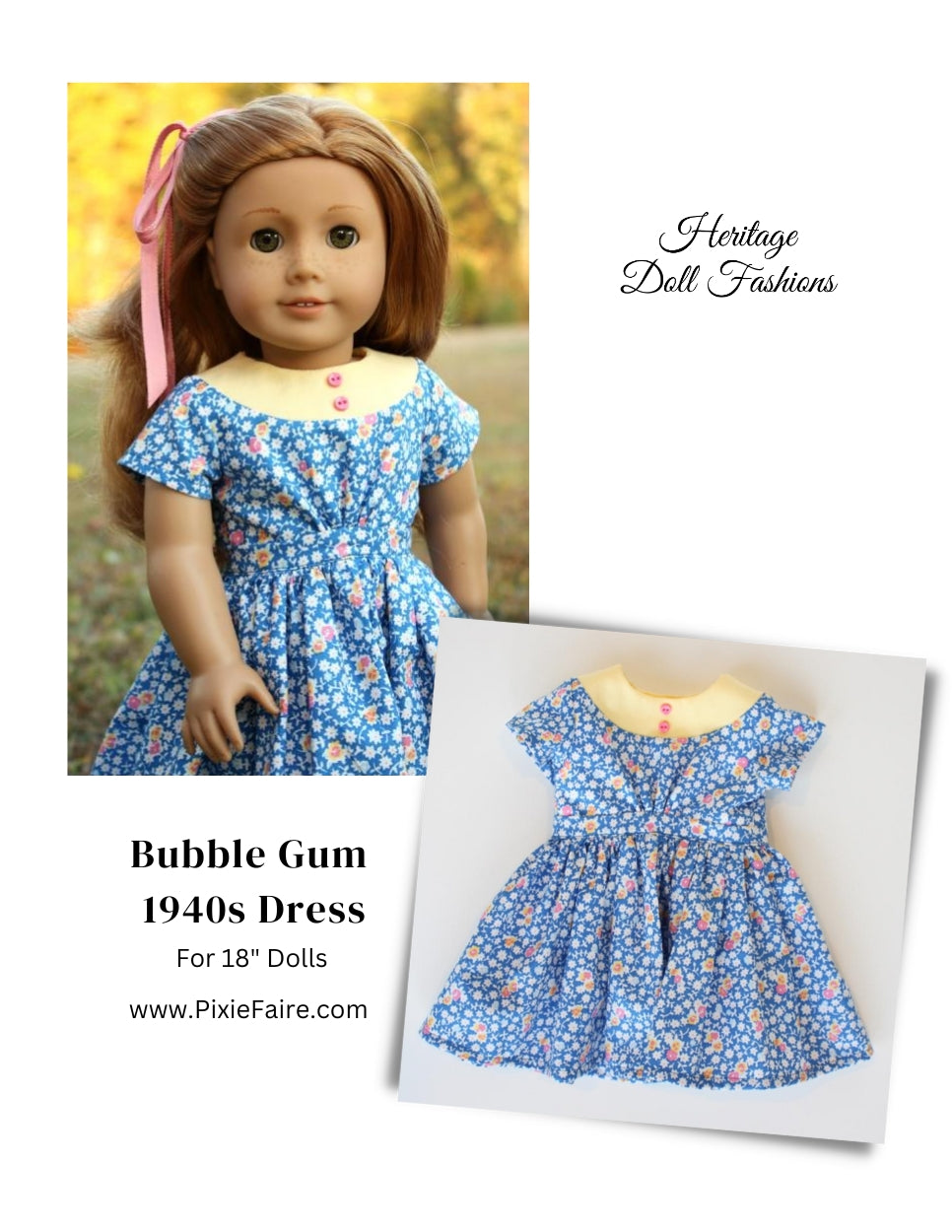 Heritage Doll Fashions 18 Inch Historical 1940's Bubblegum Dress 18" Doll Clothes Pattern Pixie Faire
