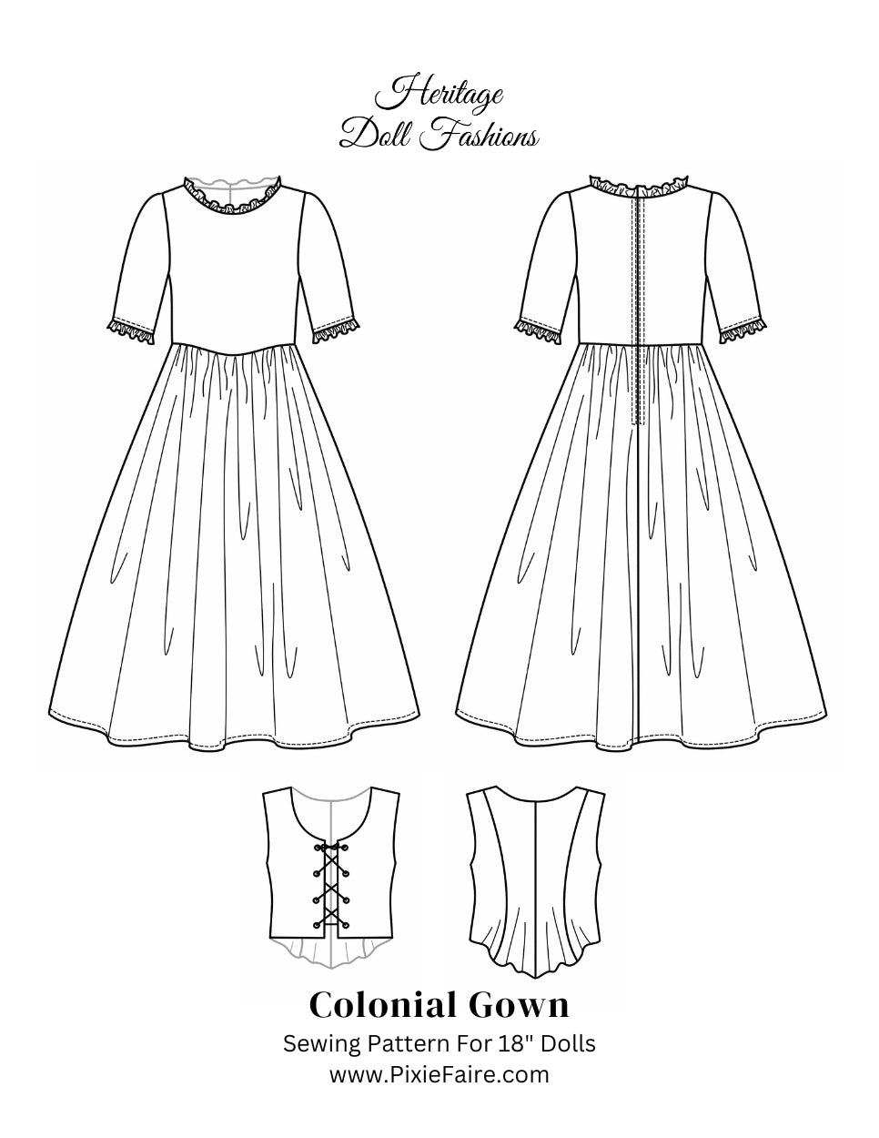 Heritage Doll Fashions 18 Inch Historical 1774 Colonial Gown 18" Doll Clothes Pattern Pixie Faire