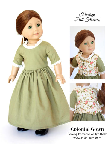 Heritage Doll Fashions 18 Inch Historical 1774 Colonial Gown 18" Doll Clothes Pattern Pixie Faire