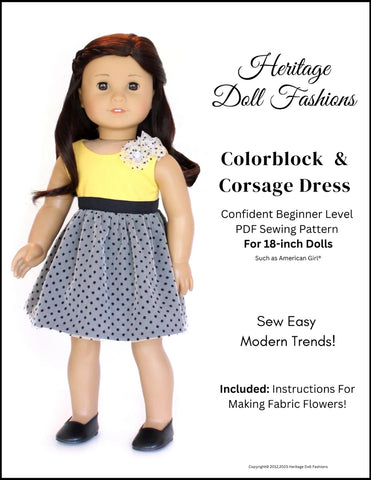 Heritage Doll Fashions 18 Inch Modern Colorblock Dress 18" Doll Clothes Pattern Pixie Faire