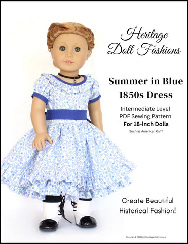 Heritage Doll Fashions 18 Inch Historical 1850's Summer in Blue Dress 18" Doll Clothes Pattern Pixie Faire