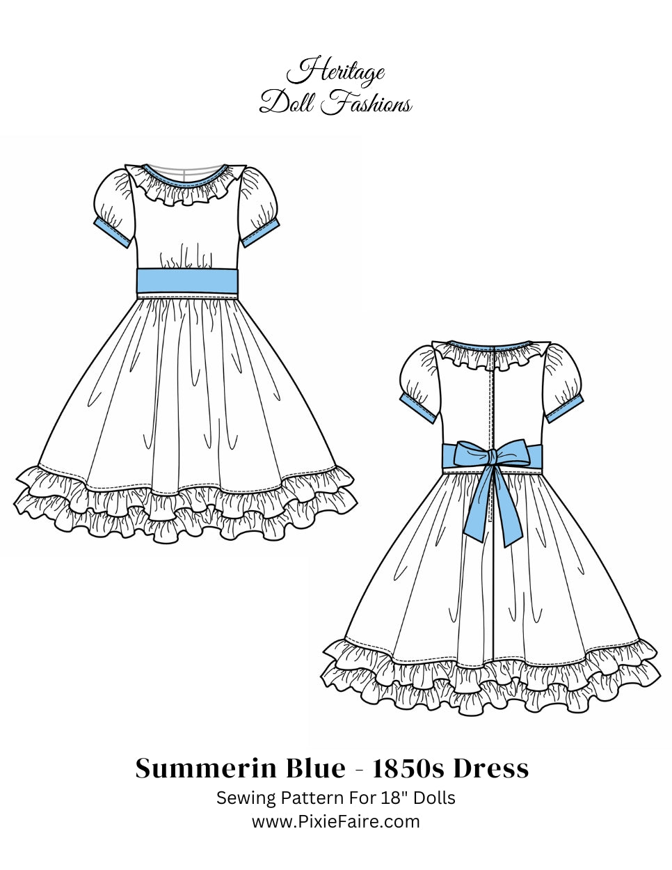 Heritage Doll Fashions 18 Inch Historical 1850's Summer in Blue Dress 18" Doll Clothes Pattern Pixie Faire