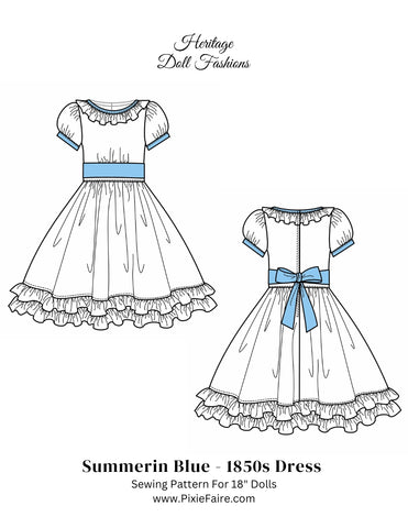 Heritage Doll Fashions 18 Inch Historical 1850's Summer in Blue Dress 18" Doll Clothes Pattern Pixie Faire