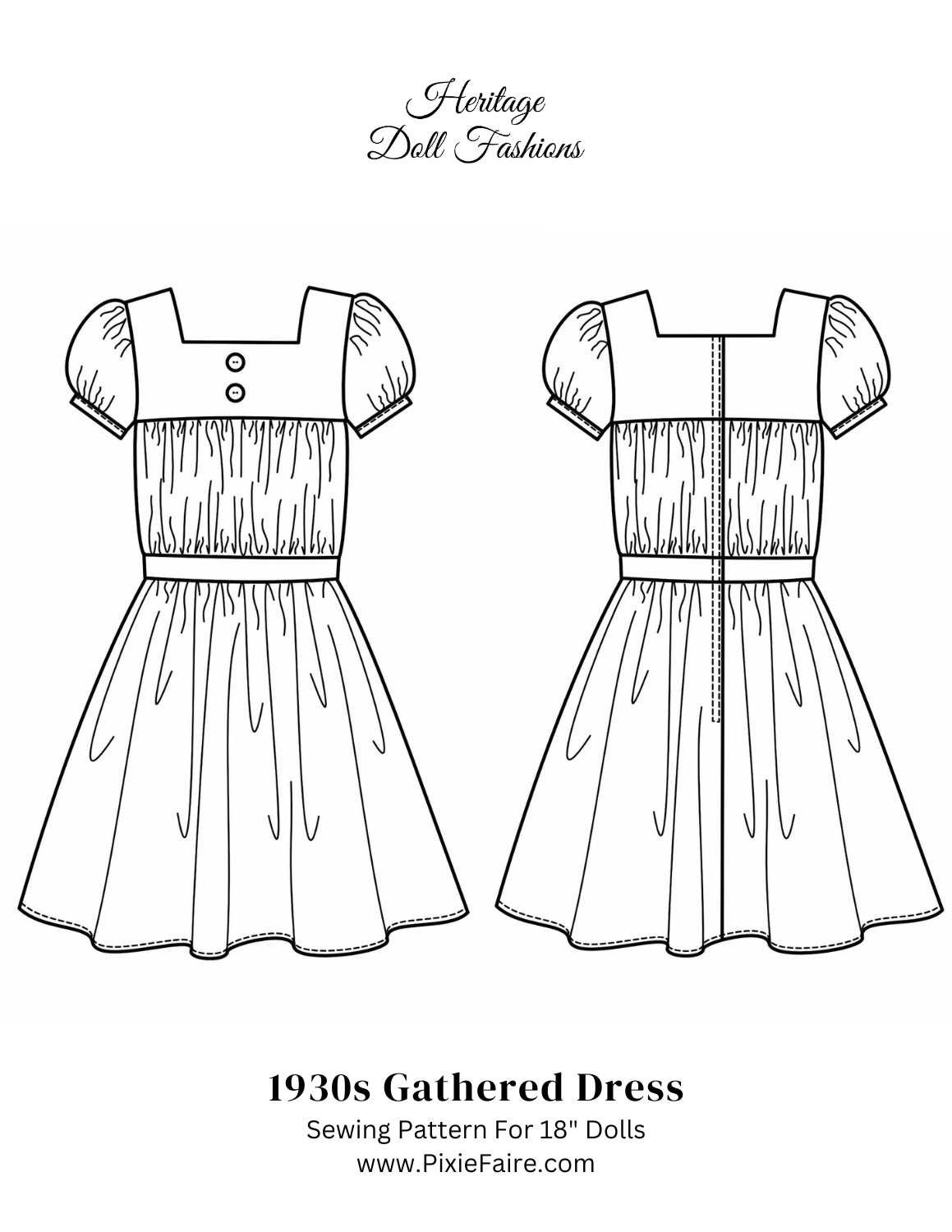 PF House Brand 18 Inch Historical 1930's Gathered Dress 18" Doll Clothes Pattern Pixie Faire