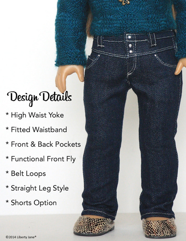 Liberty Jane 18 Inch Historical 80s Style Pleated High Waisted Jeans Bundle 18" Doll Clothes Pattern Pixie Faire
