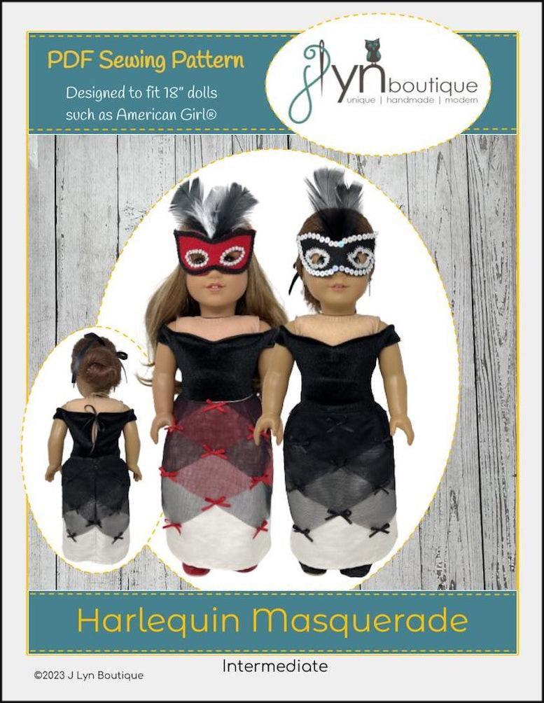 J Lyn Boutique 18 Inch Modern Harlequin Masquerade for 18" Doll Clothes Pattern Pixie Faire