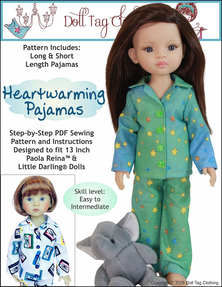 Doll Tag Clothing Paola Reina Heartwarming Pajamas Pattern for 13" Paola Reina and Little Darling Dolls Pixie Faire