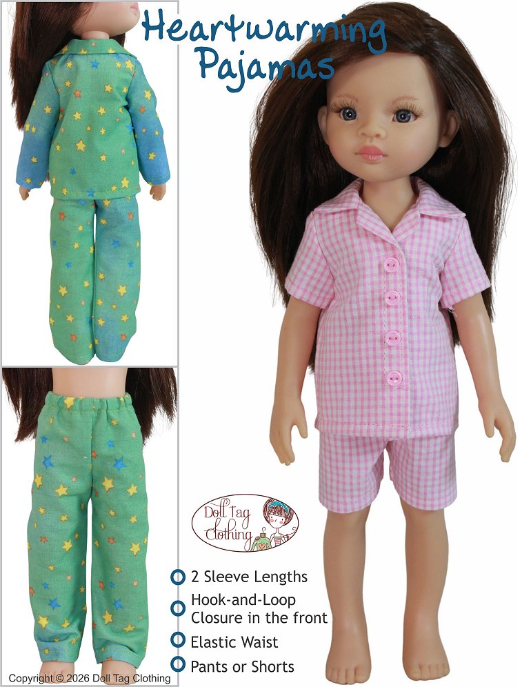 Doll Tag Clothing Paola Reina Heartwarming Pajamas Pattern for 13" Paola Reina and Little Darling Dolls Pixie Faire