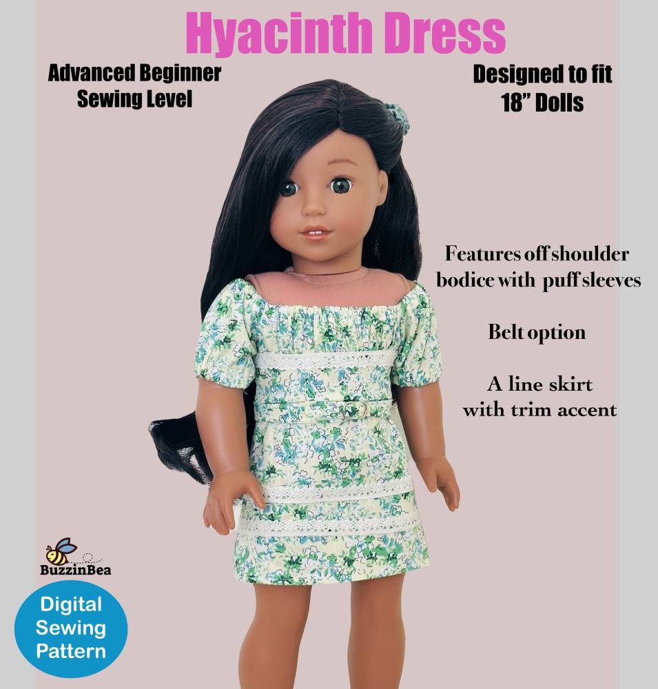 BuzzinBea 18 Inch Modern Hyacinth Dress 18" Doll Clothes Pattern Pixie Faire