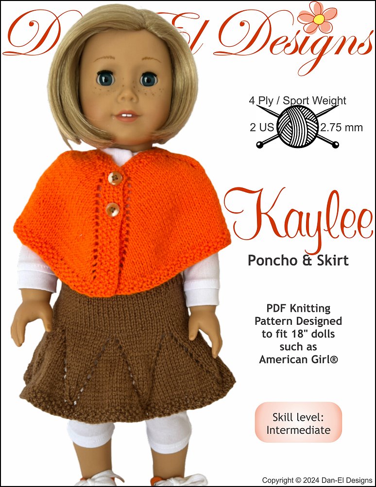 Dan-El Designs Knitting Kaylee Poncho & Skirt 18 inch Doll Knitting Pattern Pixie Faire