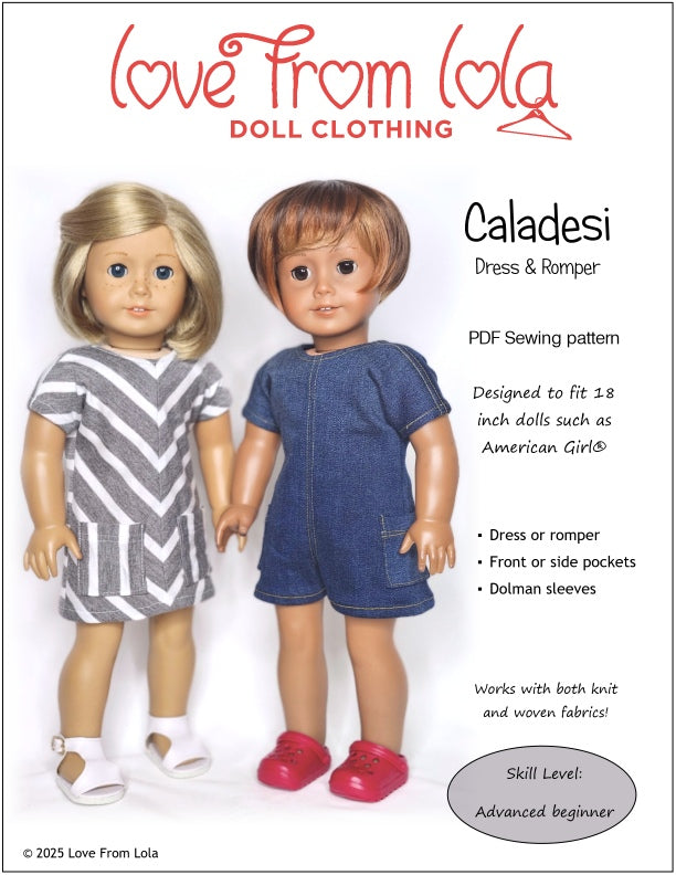 Love From Lola 18 Inch Modern Caladesi Dress and Romper 18" Doll Clothes Pattern Pixie Faire