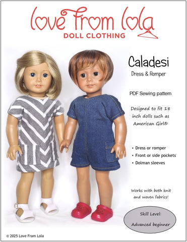 Love From Lola 18 Inch Modern Caladesi Dress and Romper 18" Doll Clothes Pattern Pixie Faire