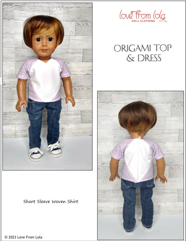 Love From Lola 18 Inch Modern Origami Top and Dress 18" Doll Clothes Pattern Pixie Faire