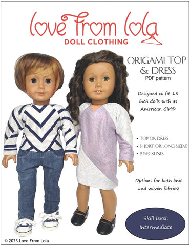 Love From Lola 18 Inch Modern Origami Top and Dress 18" Doll Clothes Pattern Pixie Faire