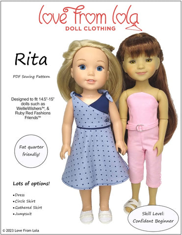 Love From Lola WellieWishers Rita Dress and Jumpsuit 14.5-15" Doll Clothes Pattern Pixie Faire