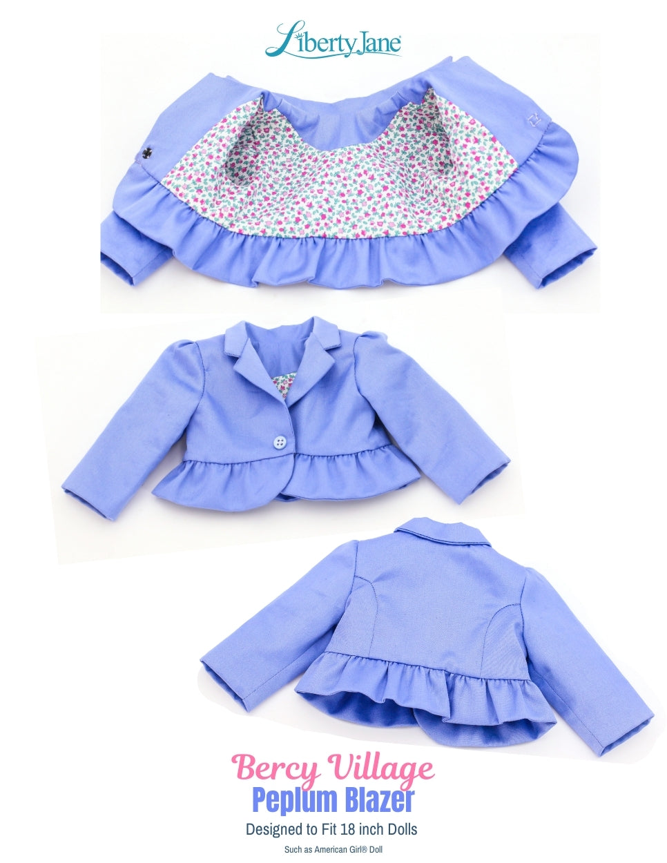 Liberty Jane 18 Inch Modern Bercy Village Peplum Blazer 18" Doll Clothes Pattern Pixie Faire