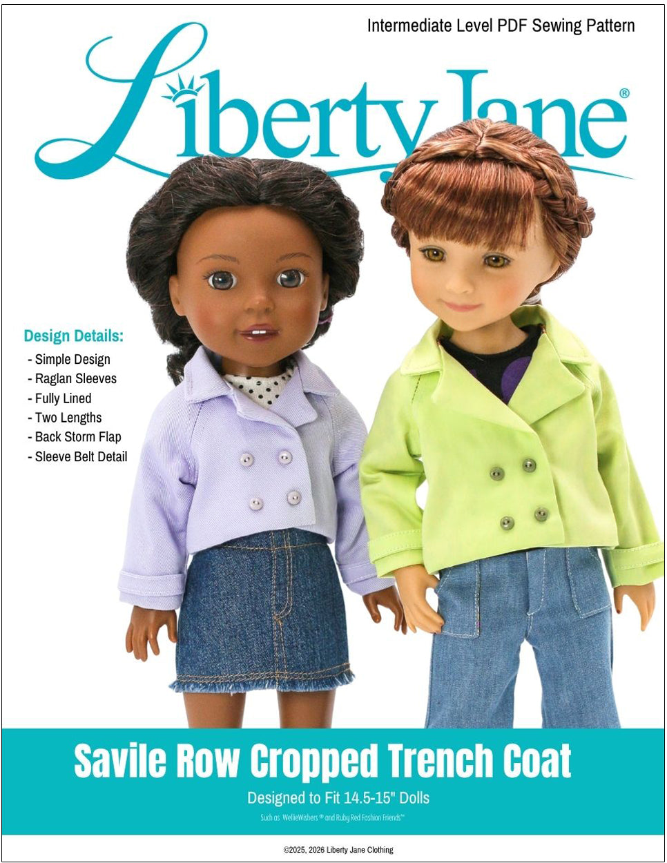 Liberty Jane Ruby Red Fashion Friends Savile Row Cropped Trench Coat 14.5-15" Doll Clothes Pattern Pixie Faire