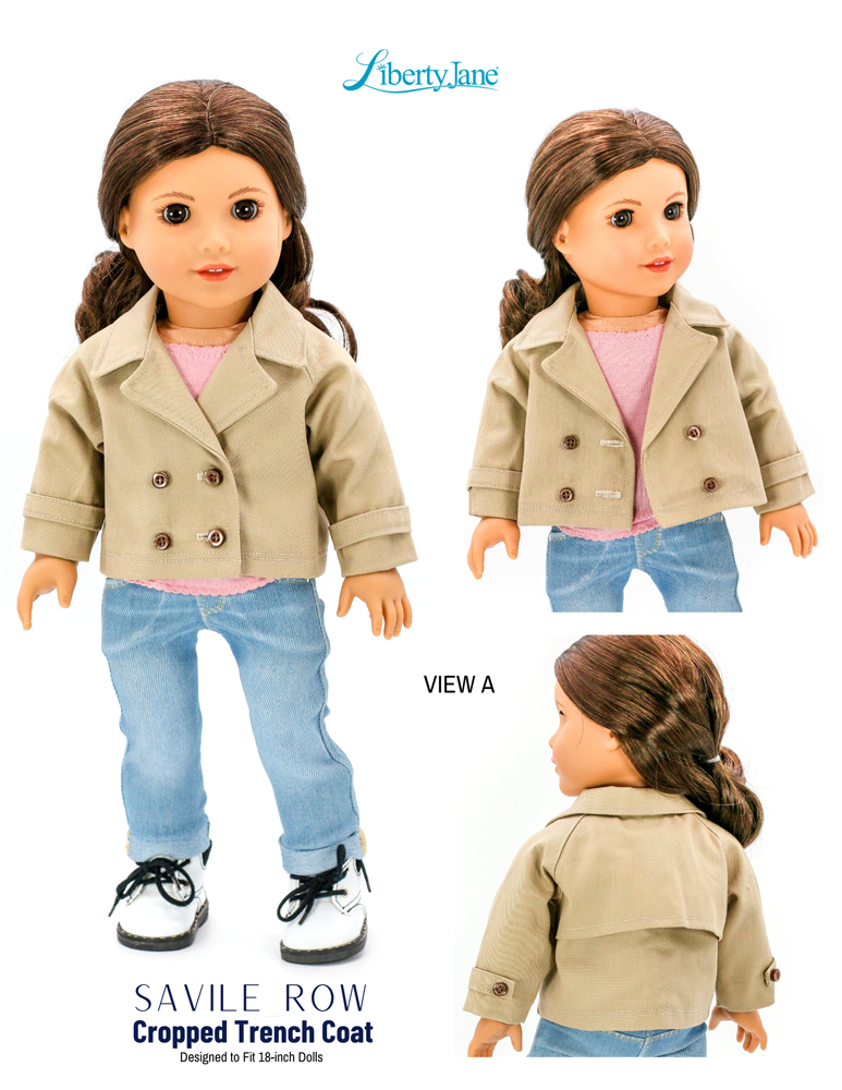 Liberty Jane 18 Inch Modern Savile Row Cropped Trench Coat 18" Doll Clothes Pattern Pixie Faire