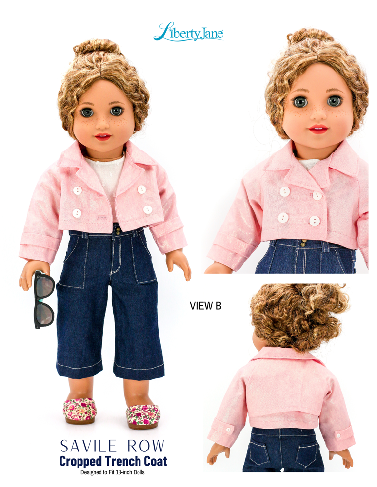 Liberty Jane 18 Inch Modern Savile Row Cropped Trench Coat 18" Doll Clothes Pattern Pixie Faire