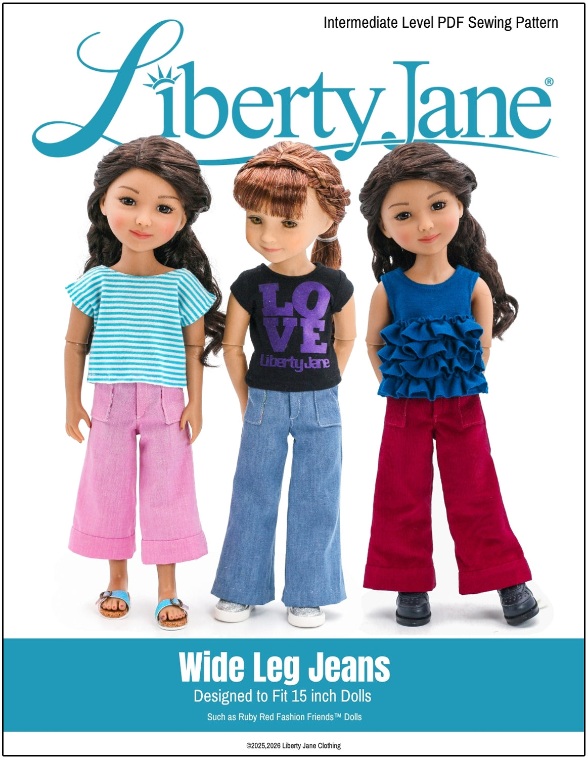 Liberty Jane Ruby Red Fashion Friends Wide Leg Jeans Doll Clothes Pattern For 15" Ruby Red Fashion Friends Pixie Faire