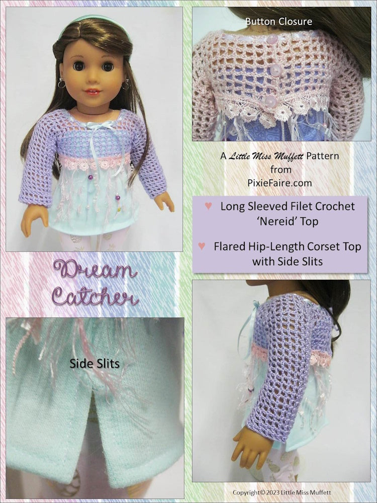 Little Miss Muffett Crochet Dream Catcher Sewing and Crochet 18" Doll Clothes Pattern Pixie Faire