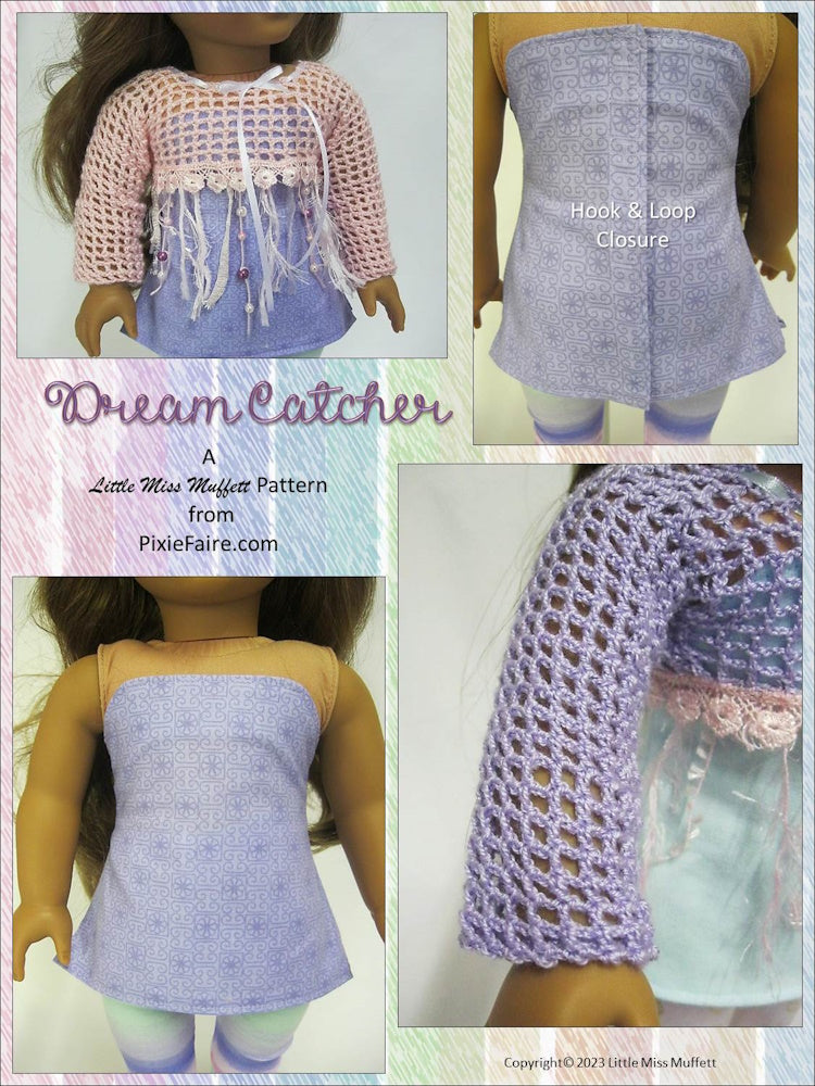 Little Miss Muffett Crochet Dream Catcher Sewing and Crochet 18" Doll Clothes Pattern Pixie Faire
