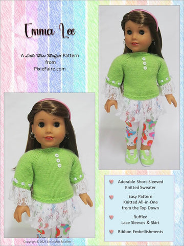 Little Miss Muffett Knitting Emma Lee 18" Doll Clothes Knitting Pattern Pixie Faire