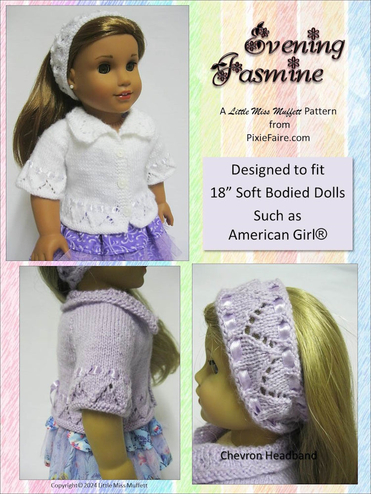 Little Miss Muffett Knitting Evening Jasmine 18" Doll Clothes Knitting Pattern Pixie Faire