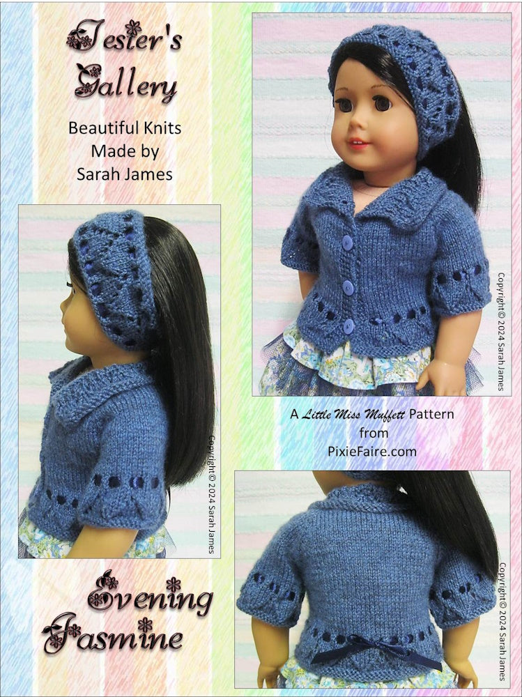 Little Miss Muffett Knitting Evening Jasmine 18" Doll Clothes Knitting Pattern Pixie Faire