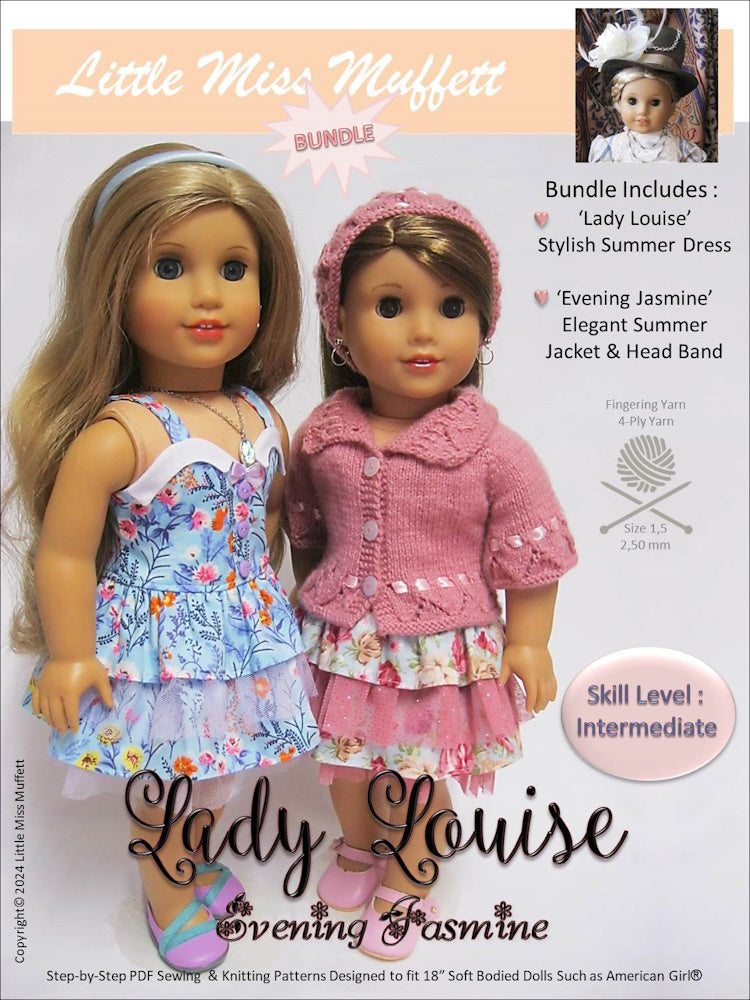 Little Miss Muffett 18 Inch Modern Lady Louise Evening Jasmine Bundle 18" Doll Clothes Pattern Pixie Faire